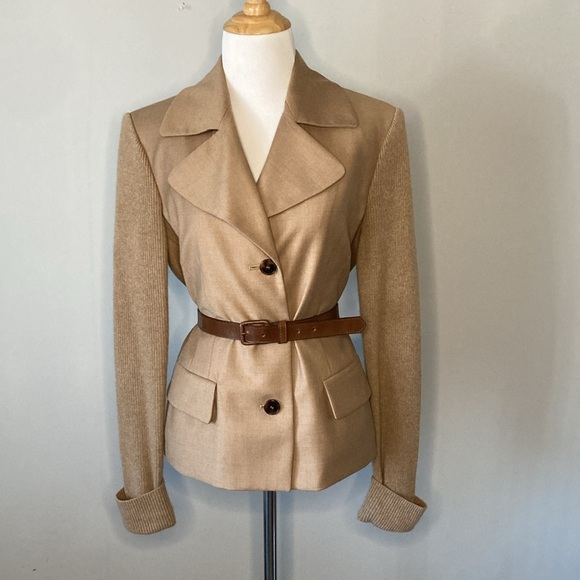 Anne Klein Elegant Tan Wool Cashmere Belted Blazer Knitted Sleeves Sz Med - Picture 1 of 9